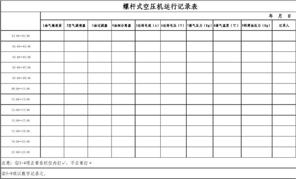 螺杆空压机运行记录表